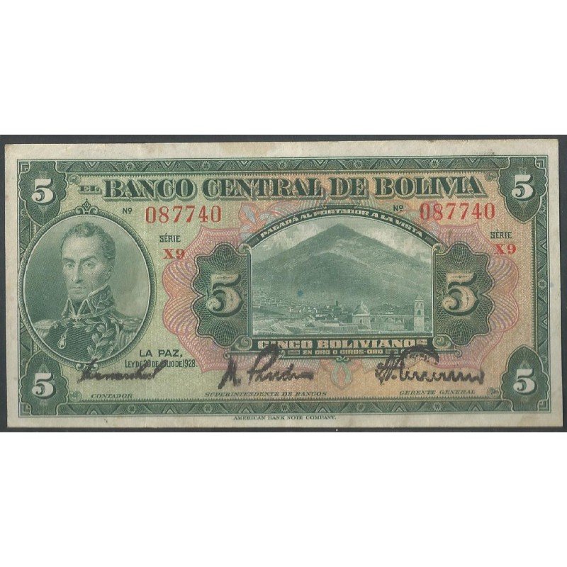 Bolivia, 5 Bolivianos L 20 Jul 1928 Serie X9 P120a