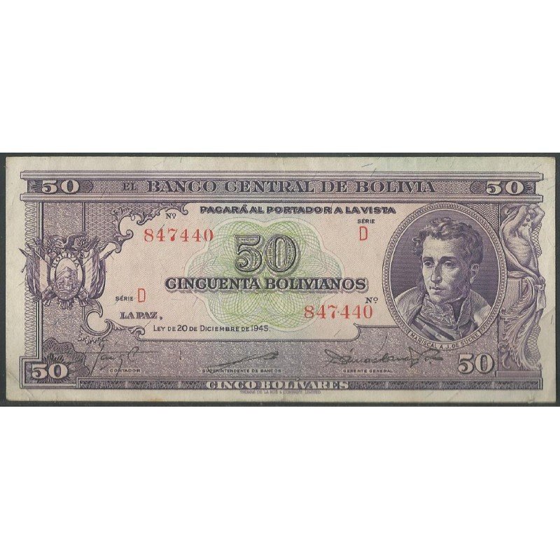 Bolivia, 50 Bolivianos L 20 Dic 1945 Serie D P141