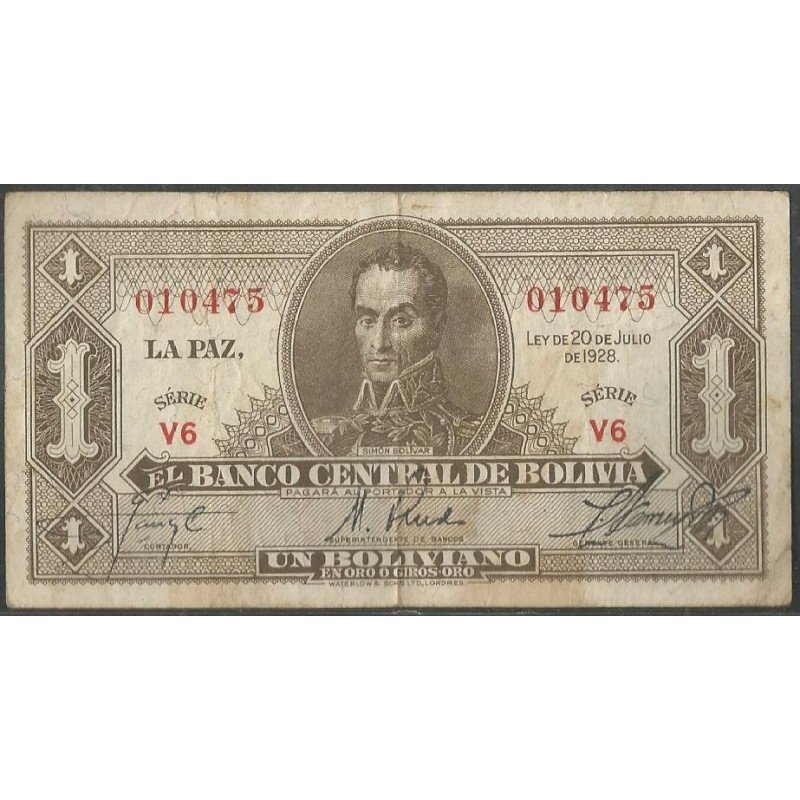 Bolivia, 1 Boliviano L 20 Jul 1928 Serie V6 P128a