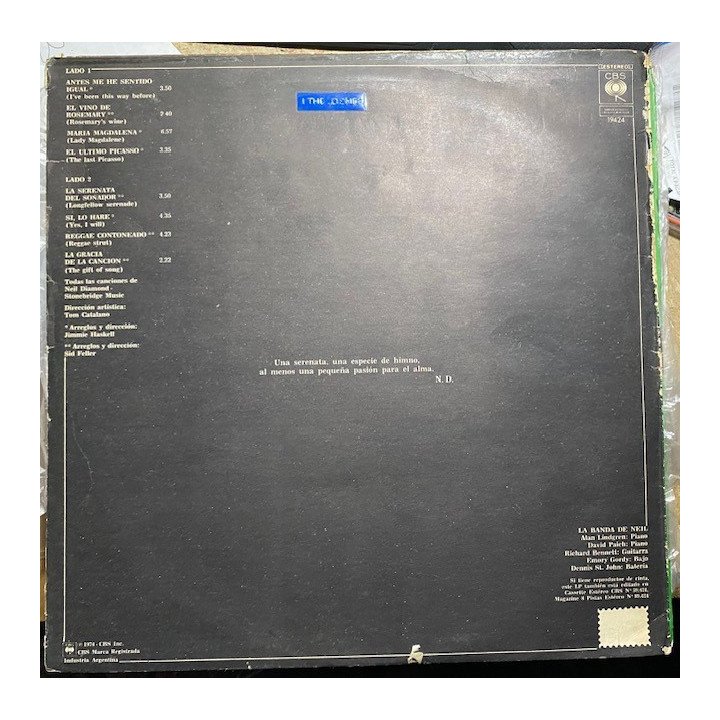 Neil Diamond Serenata - Argentina 1974 reverso