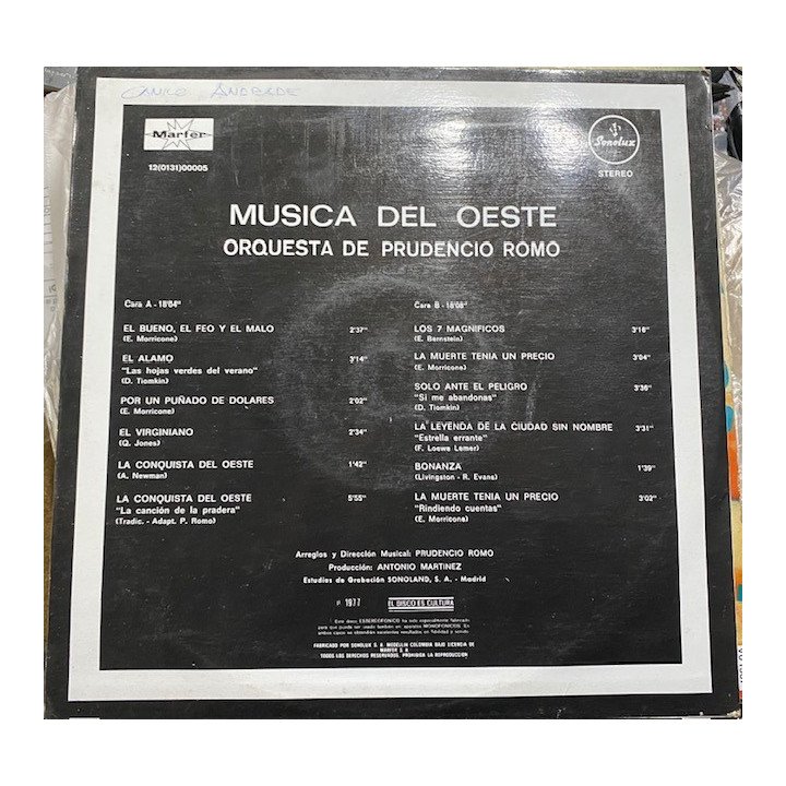 Musica del oeste - Colombia 1977 reverso