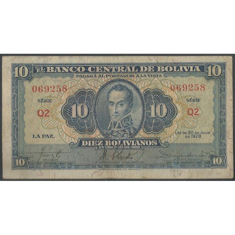 Bolivia, 10 BolivianoS L 20 Jul 1928 Serie Q2 P130