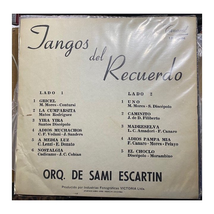Orq. de Sami Escartin Tangos del recuerdo - Colombia reverso