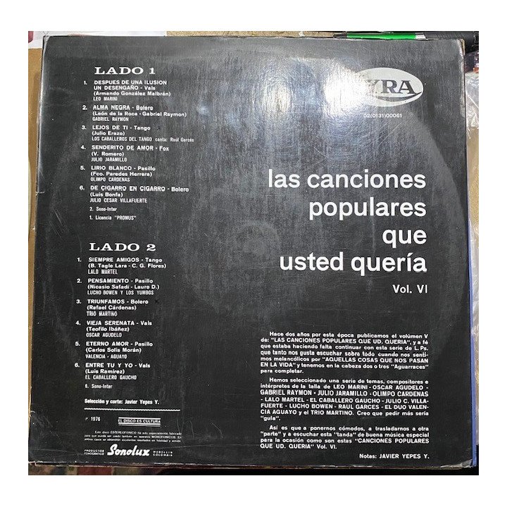 Las canciones populares que usted queria Vol VI - Colombia 1976 reverso