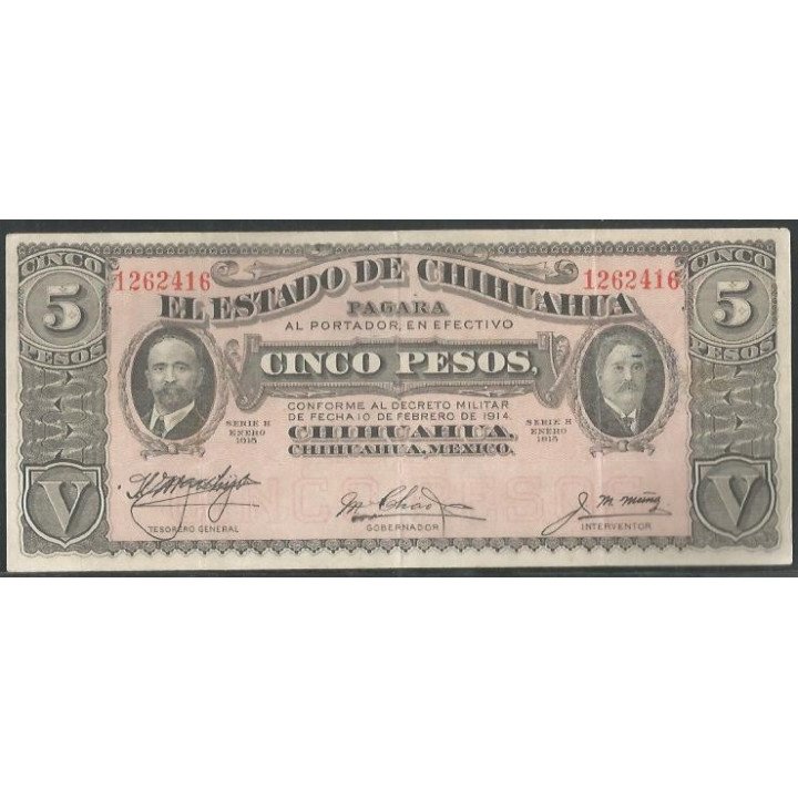 Mexico - El Estado de Chihuahua 5 Pesos Ene 1915 Serie H Ps532c
