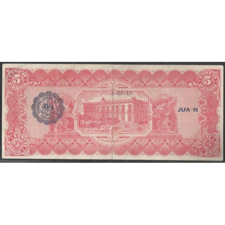 Mexico - El Estado de Chihuahua 5 Pesos Ene 1915 Serie H Ps532c reverso