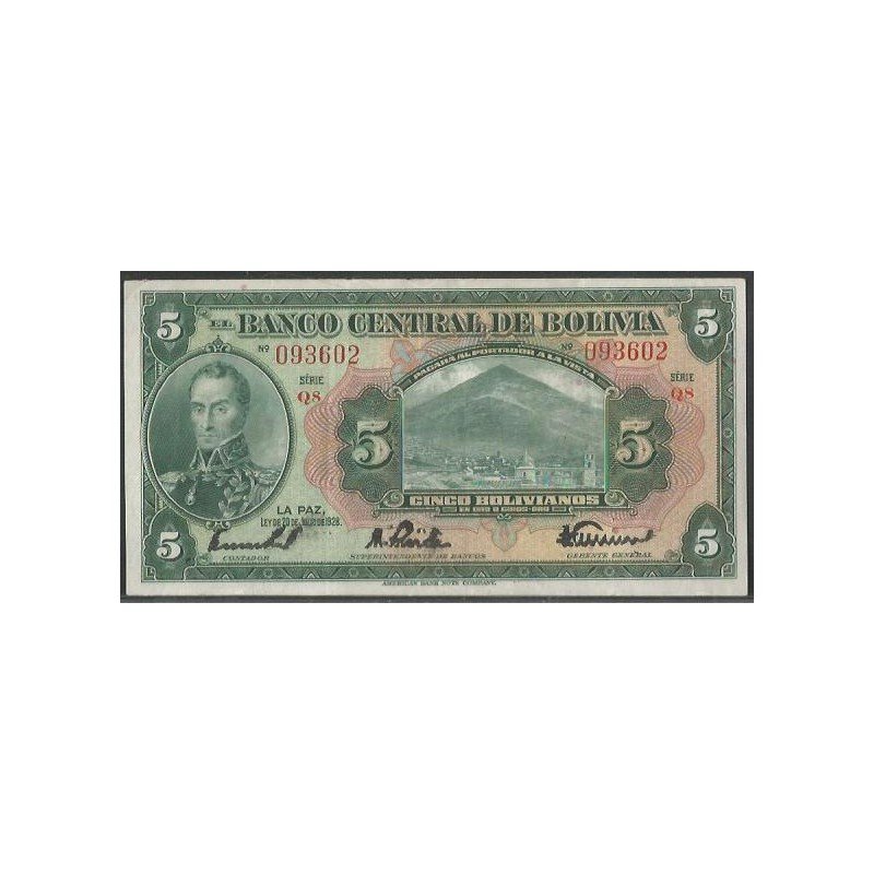 Bolivia, 5 Bolivianos L 20 Jul 1928 Serie Q8 P120a