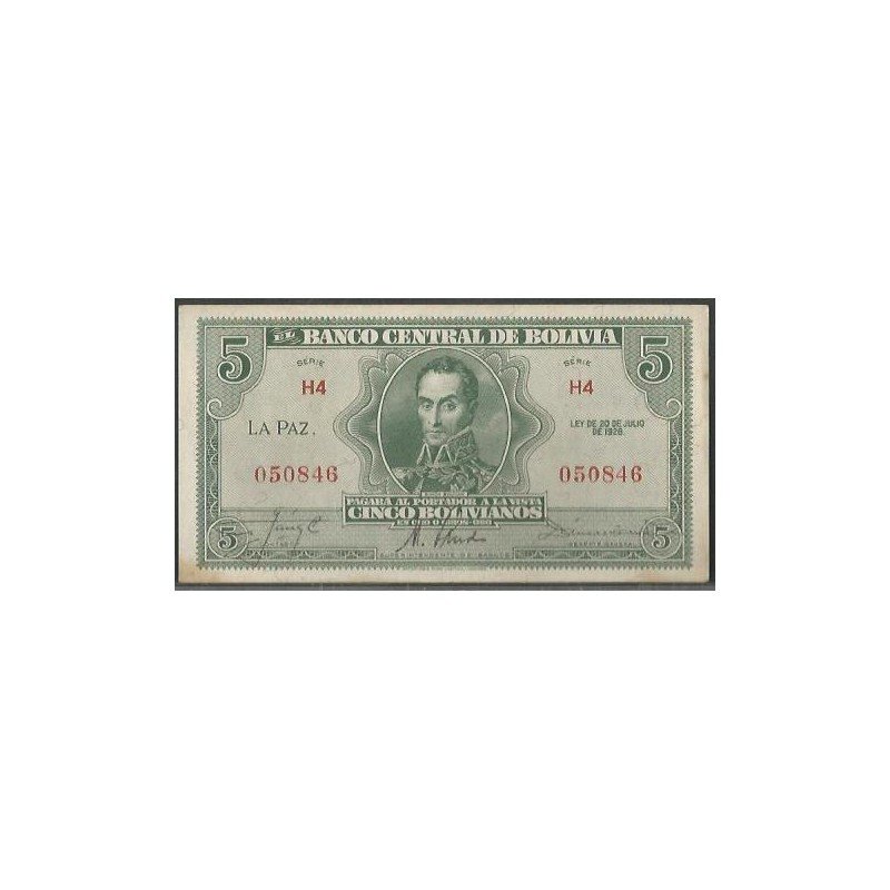 Bolivia, 5 Bolivianos L 20 Jul 1928 Serie H4 P129