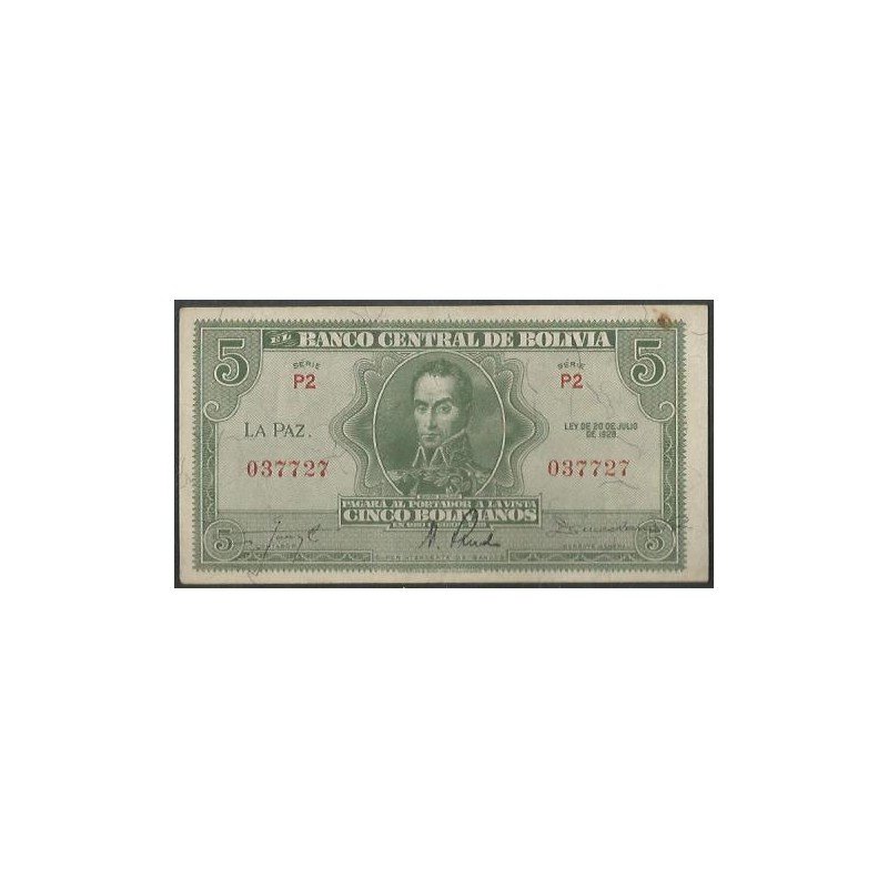 Bolivia, 5 Bolivianos L 20 Jul 1928 Serie P2 P129