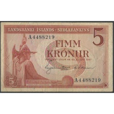 Islandia, 5 Kronur 21 Jun 1957 P37a