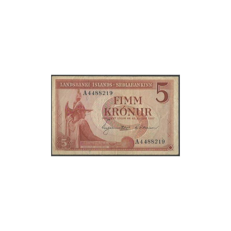 Islandia, 5 Kronur 21 Jun 1957 P37a