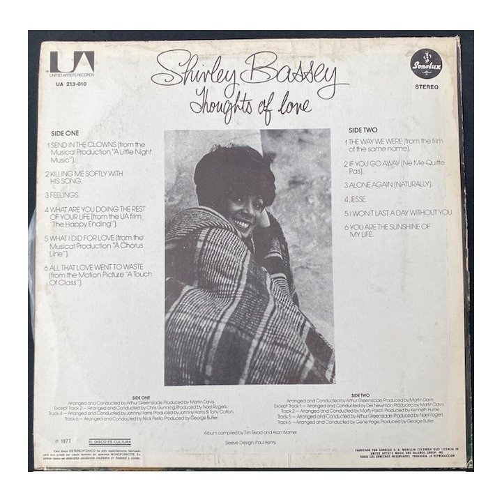 Shirley Bassey Thoughts of love - Colombia 1977 reverso