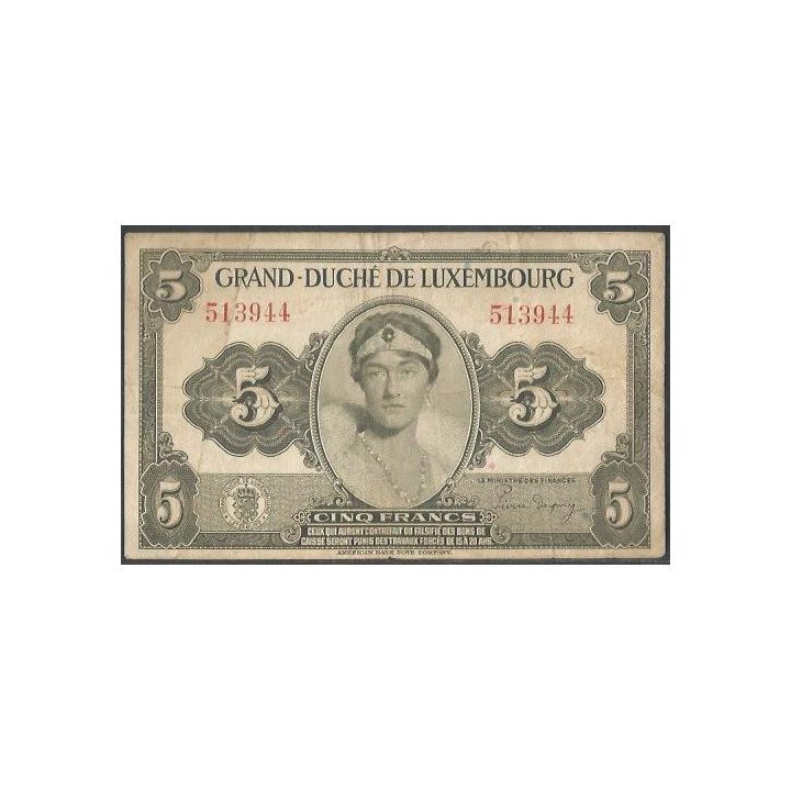 Luxemburgo 5 Francs ND1944 P43a