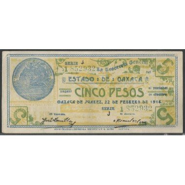 Mexico - La tesoreria General del estado de Oaxaca, 5 Pesos 24 Feb 1915 J Ps954