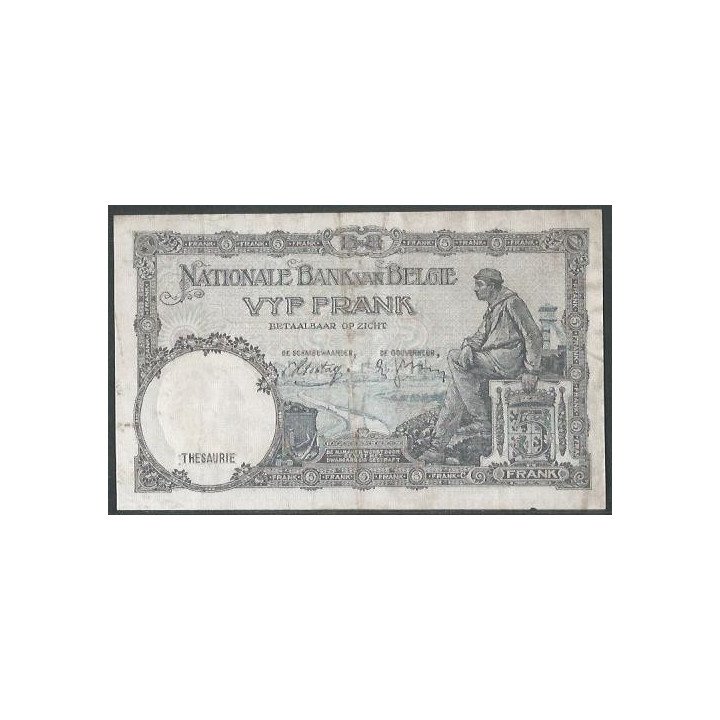 Belgica 5 Francs 4 May 1988 (1938) Error P108x reverso