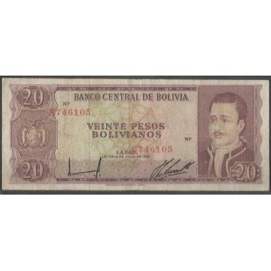 Bolivia, 20 Pesos Bolivianos L 13 Jul 1962 Serie H P155a