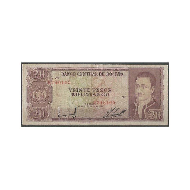 Bolivia, 20 Pesos Bolivianos L 13 Jul 1962 Serie H P155a