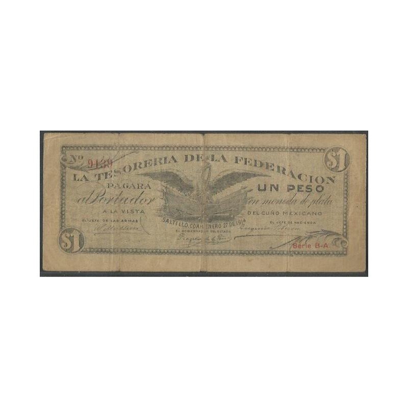 Mexico - La Tesoreria de la Federacion, 1 Peso 27 Ene 1914 B-A Ps645