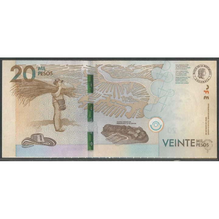 Billete de 20.000 Pesos 26 May 2020 Serie BB Desplazado vertical BGWNF20- reverso