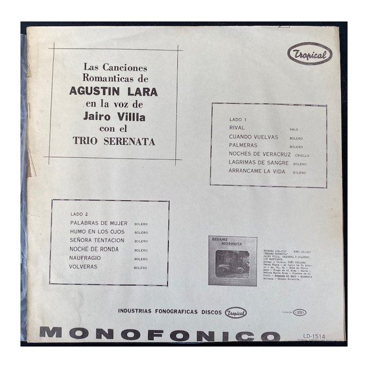 Jairo Villa Las canciones romanticas de Agustin Lara - Colombia reverso