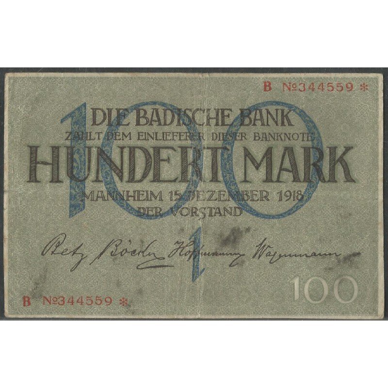 Alemania - Banco de Baden, 100 Mark 15 Dic 1918 Ps907