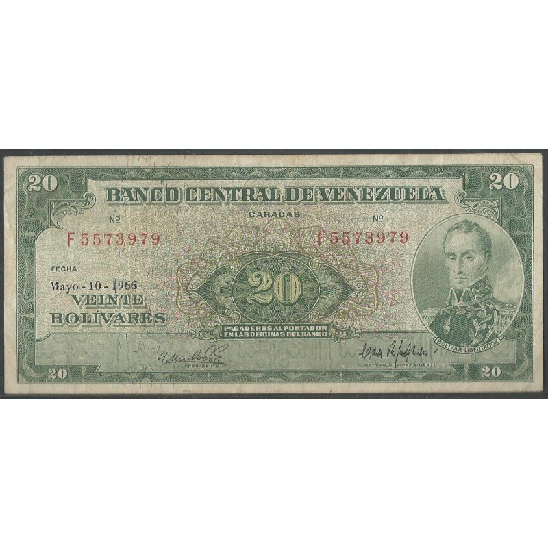 Venezuela, 20 Bolivares 10 May 1966 F 7 Dig P43e