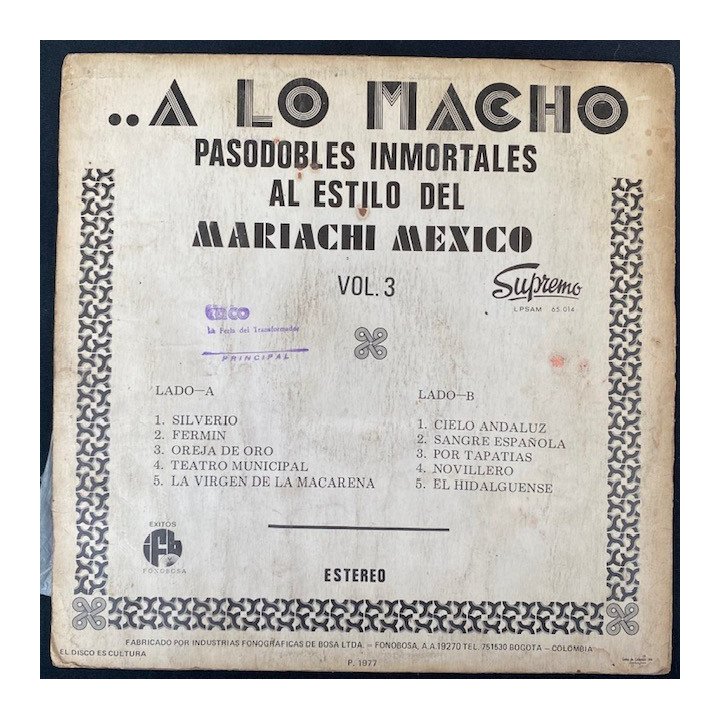 Mariachi Mexico Pasodobles inmortales vol 3 - Colombia 1977 reverso