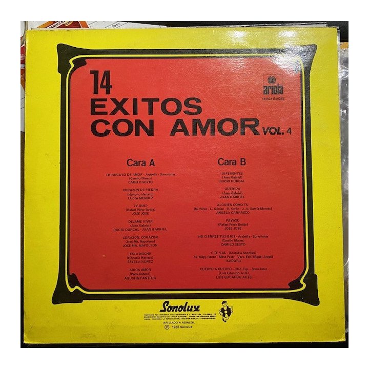 14 Exitos con amor Volumen 4 - Colombia 1985 reverso