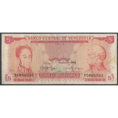 Venezuela, 5 Bolivares 29 Ene 1974 Y 7 Dig P50h