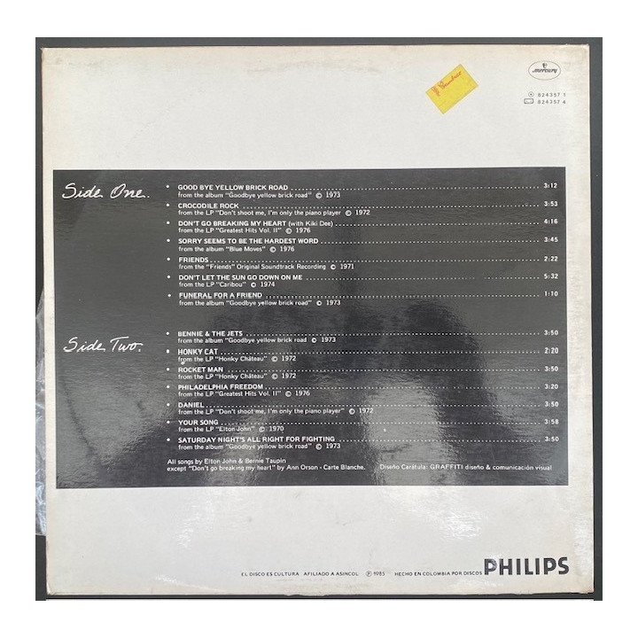 Elton John The Collection - Colombia 1985 reverso