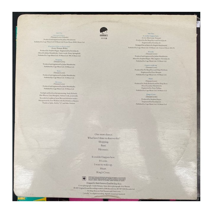 Pet shop boys Actually - Colombia 1987 reverso