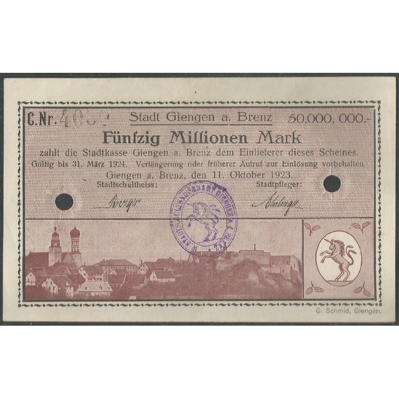 Alemania - Giengen A. Brenz, 50.000.000 Mark 11 Oct 1923