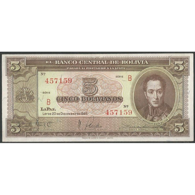 Bolivia, 5 Bolivianos L 20 Dic 1945 Serie B P138a