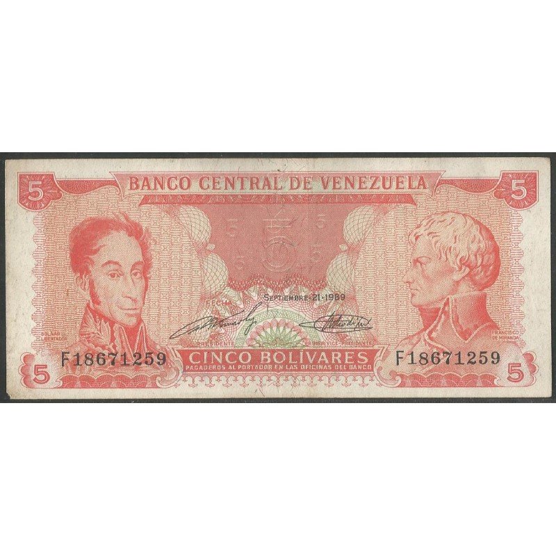 Venezuela, 5 Bolivares 21 Sep 1989 F 8 Dig P70b