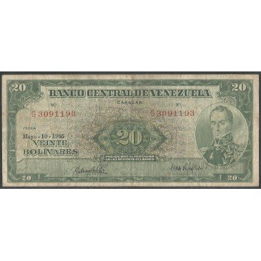 Venezuela, 20 Bolivares 10 May 1966 G 7 Dig P43e