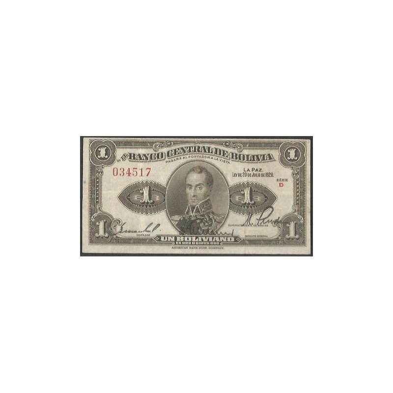Bolivia, 1 Boliviano L 20 Jul 1928 Serie D P119a