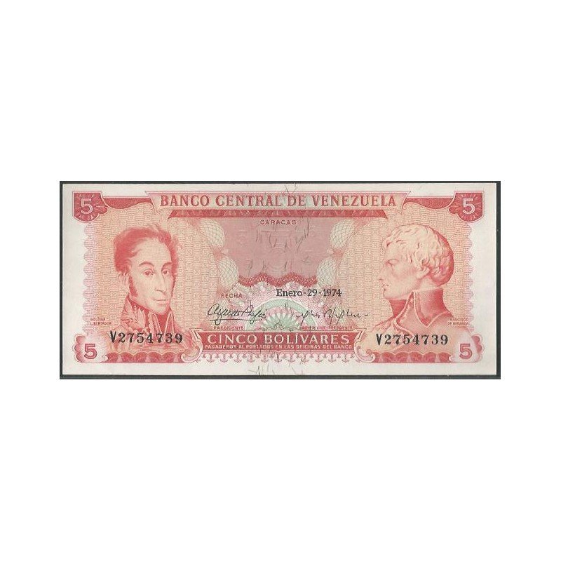 Venezuela, 5 Bolivares 29 Ene 1974 V 7 Dig P50h