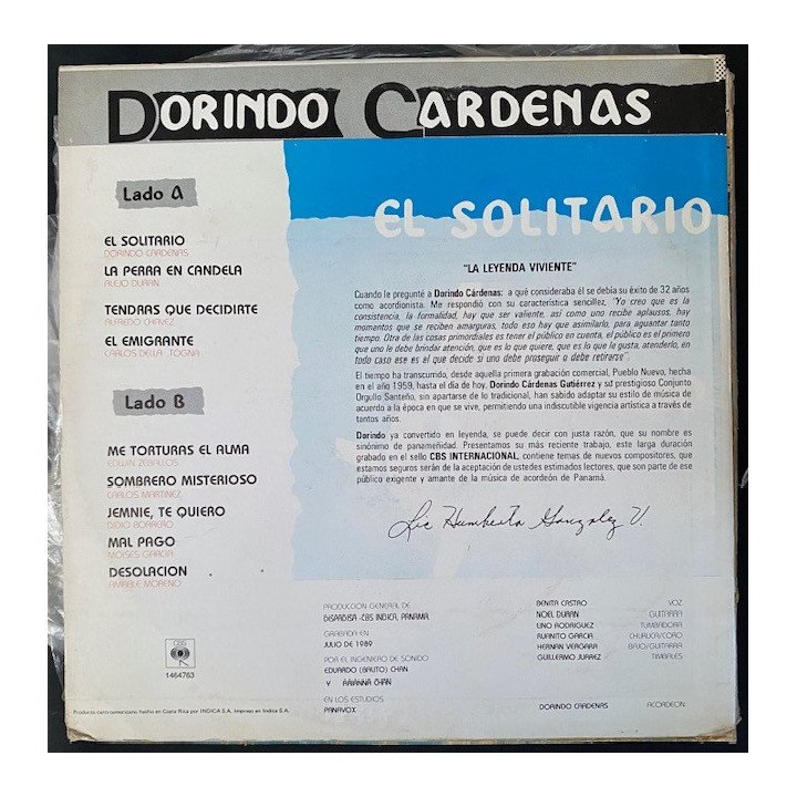 Dorindo Cardenas El solitario Costa Rica 1989 reverso