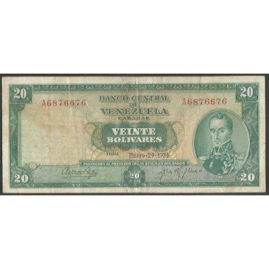 Venezuela, 20 Bolivares 29 Ene 1974 A 7 Dig P46e