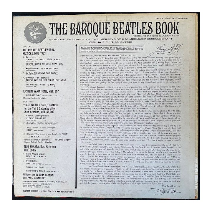 Joshua Rifkin The baroque Beatles book - Usa 1964 reverso