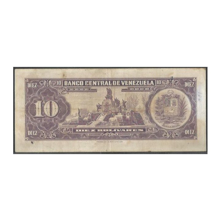 Venezuela 10 Bolivares 6 Jun 1961 H 7 Dig P42a reverso