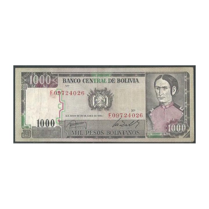 Bolivia 1.000 Pesos Bolivianos D 25 Jun 1982 Serie F P167a