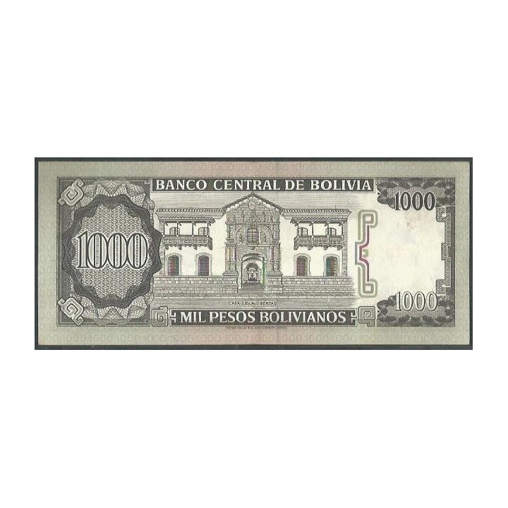 Bolivia 1.000 Pesos Bolivianos D 25 Jun 1982 Serie U P167a reverso