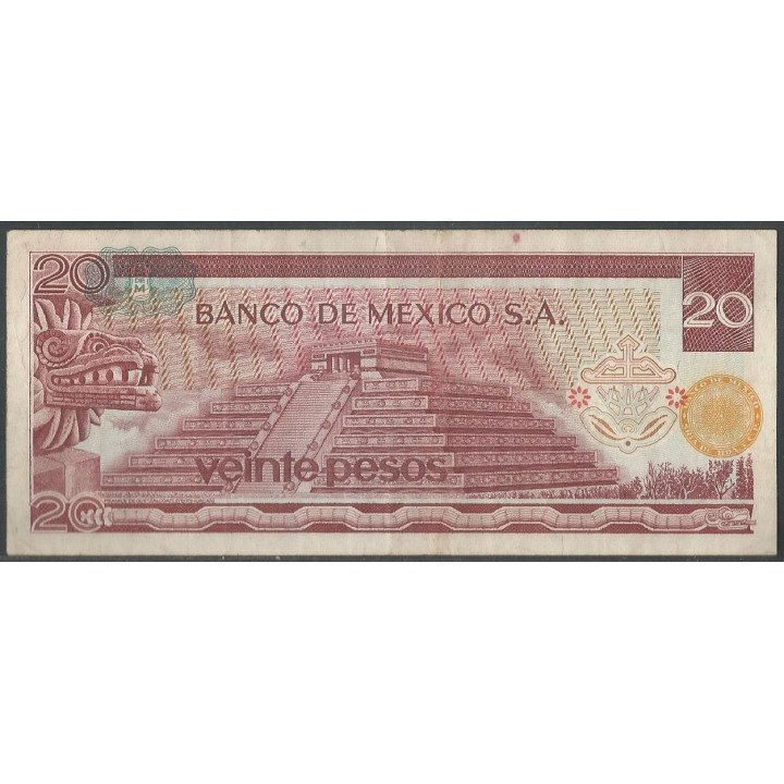 Mexico 20 Pesos 18 Jul 1973 Serie BA P64b reverso