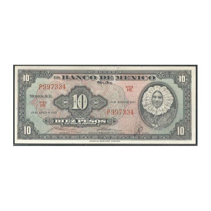 Mexico 10 Pesos 20 Ago 1958 Serie HE P58e