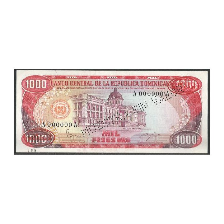 Rep. Dominicana 1.000 Pesos ND1984 P124s2 Muestra sin valor