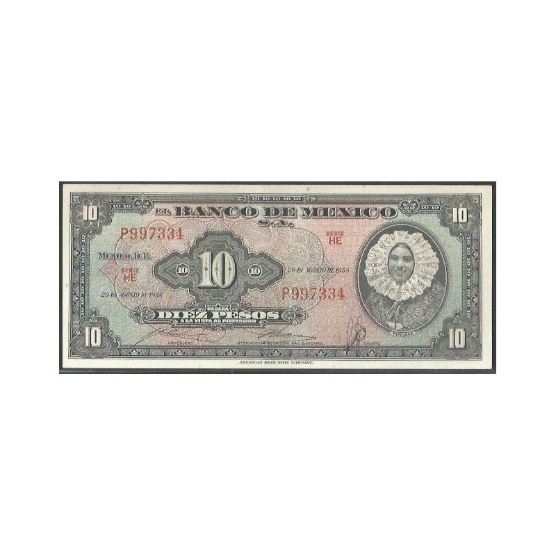 Mexico, 10 Pesos 20 Ago 1958 Serie HE P58e