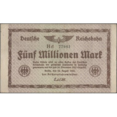 Alemania - Railroads, 5.000.000 Mark 22 Ago 1923 Ps1013b