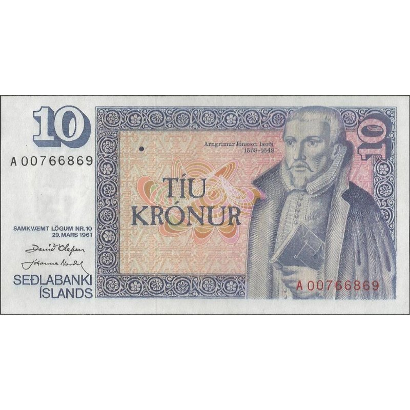 Islandia, 10 Kronur 29 Mar 1961 P48a