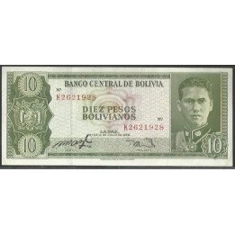 Bolivia 10 Pesos Bolivianos L 13 Jul 1962 Serie K P154a